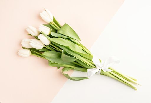 Spring flowers. Minimal. Top view of white tulips on double colored white and beige background