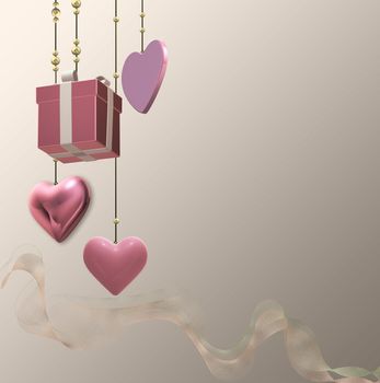 Gift box, pink hearts for romantic love event. Hanging 3D gift present box, pink hearts, gold ribbon over pastel gold. Mothers day, 8th March, spring, Valentines, wedding, birthday. 3D rendering
