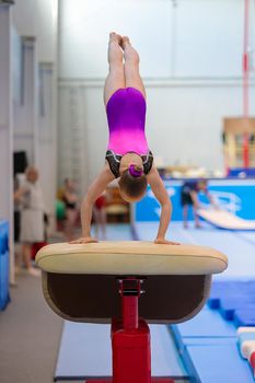 A young girl in sportswear performs a jump over a projectile. Rhythmic gymnastics, training in the hall.