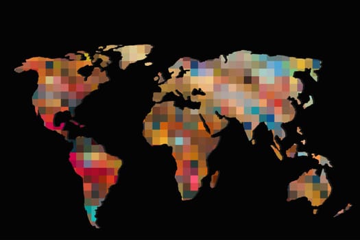 Roughly outlined world map with a colorful background patterns