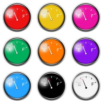 A fuel gauge sign button icon set isolated on white with clipping path 3d illustration