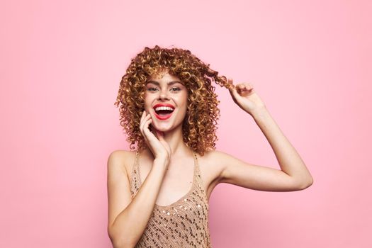 Sexy model curly hair happy face smile bright makeup isolated background