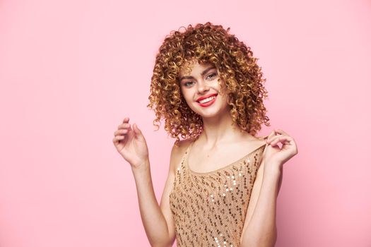 Charming model Curly hair smile red lips fun sequin shirt pink background