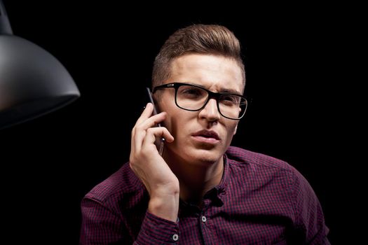 Business man working desk icon psychology communication black background. High quality photo