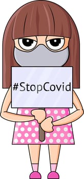 protesting girl with mask holding banner with an inscription-stop covid.