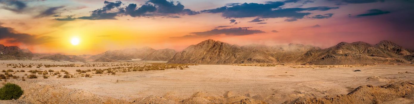 View on desert with mountains at sunrise, Egypt