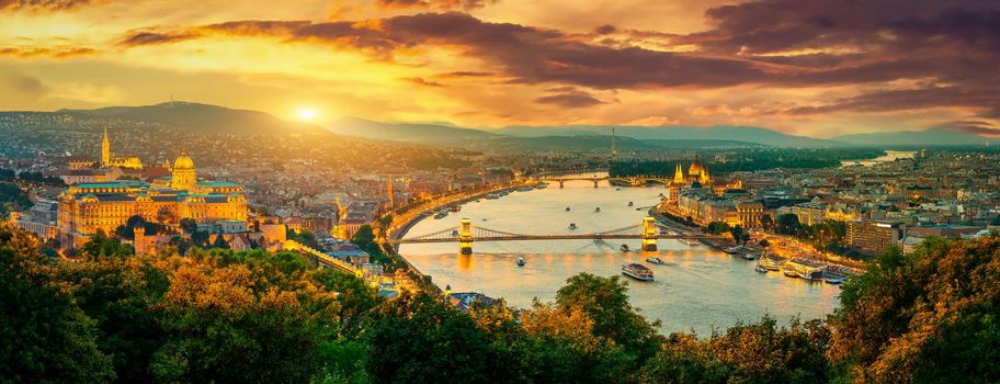 Panoramic view on landmarks of Budapest at sunset, Hungary