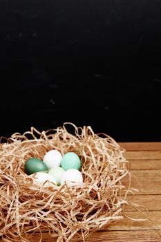 eggs in the nest holiday Easter tradition decoration dark background. High quality photo