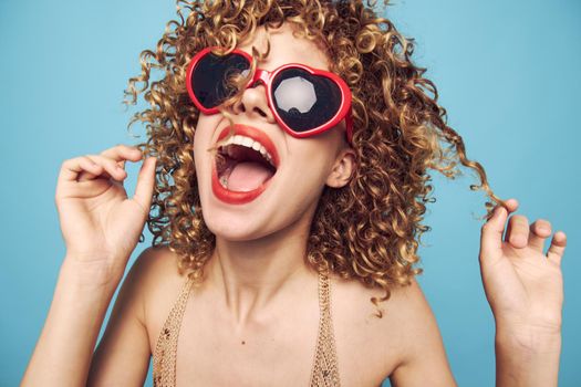 woman Wide open mouth and glasses curly hair isolated background