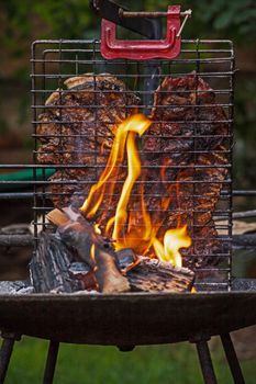 A traditional South African barbeque roasting the whole rib of lamb while standing it next to a small fire.