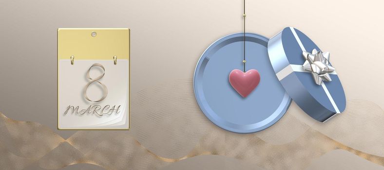 8th of March banner Women's Day elegant beautiful design template. Text 8 March on calendar, round gift box with bow, golden shiny ribbon. Hanging 3D heart, over pastel gold. 3D illustration