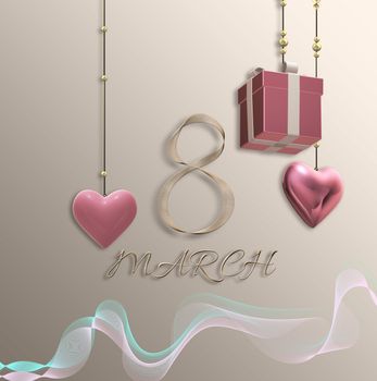Beautiful 8th of March greeting card. Women's Day elegant beautiful design template. Text 8 March made of golden shiny ribbon. Hanging gift box, 3D hearts over pastel gold. 3D illustration