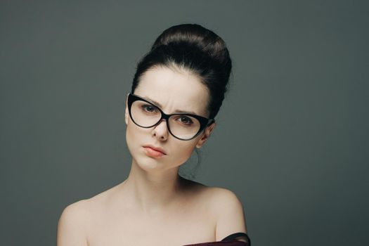 woman with bare shoulders smile clear skin model. High quality photo