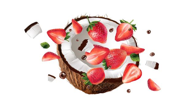 Scattering pieces of coconut, strawberries and drops of chocolate. Realistic style illustration.