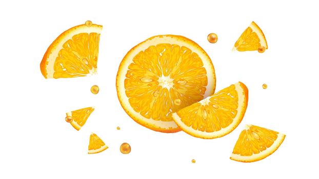 Orange slices with juice drops scatter in different directions. Realistic style illustration.
