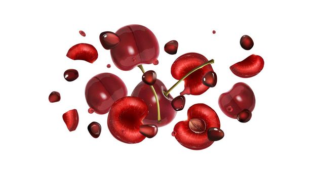 Cherries, pomegranate grains and drops of juice are scattering. Realistic style illustration.