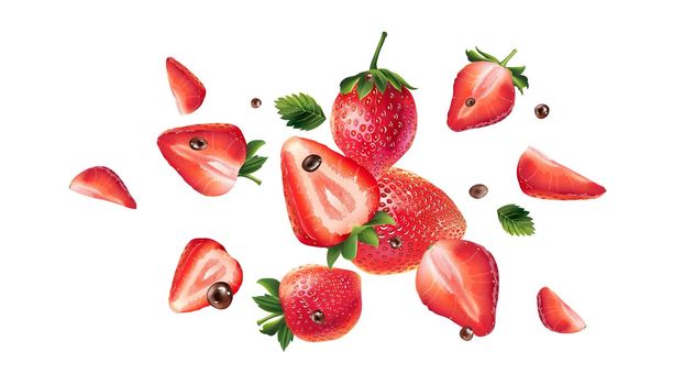 Strawberry berries with leaves and chocolate droplets are scattering on a dark brown background. Realistic style illustration.