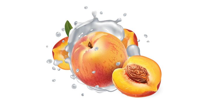 Fresh peaches in milk splashes on a white background. Realistic style illustration.