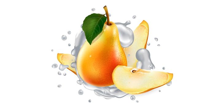 Fresh pears in milk splashes on a white background. Realistic style illustration.