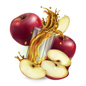 Composition of red apples surrounding a glass with a dynamic splash of fruit juice. Realistic style illustration.