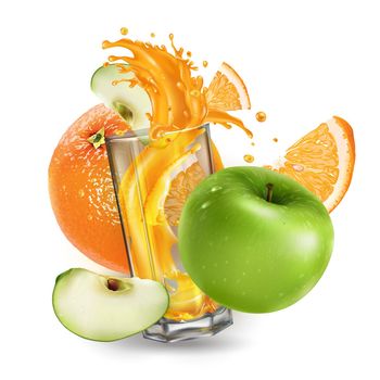 Composition of orange, green apple and a glass with a dynamic splash of fruit juice. Realistic style illustration.