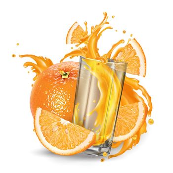Composition of fresh orange and a glass with a dynamic splash of fruit juice. Realistic style illustration.