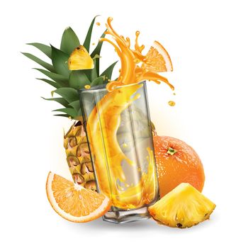 Composition of orange, pineapple and a glass with a dynamic splash of fruit juice. Realistic style illustration.