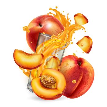 Composition of fresh peaches and a glass with a dynamic splash of fruit juice. Realistic style illustration.