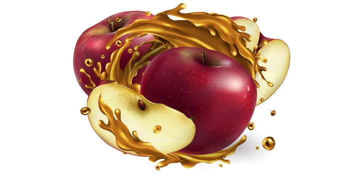 Fresh red apples and a splash of fruit juice on a white background. Realistic style illustration.