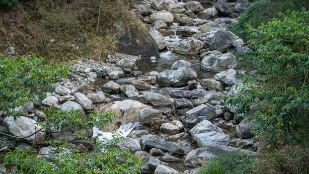 Wild river flow in forest with rock stones landscape in Taiwan.
