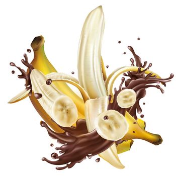 Whole and sliced bananas in chocolate splashes on a white background. Realistic style illustration.