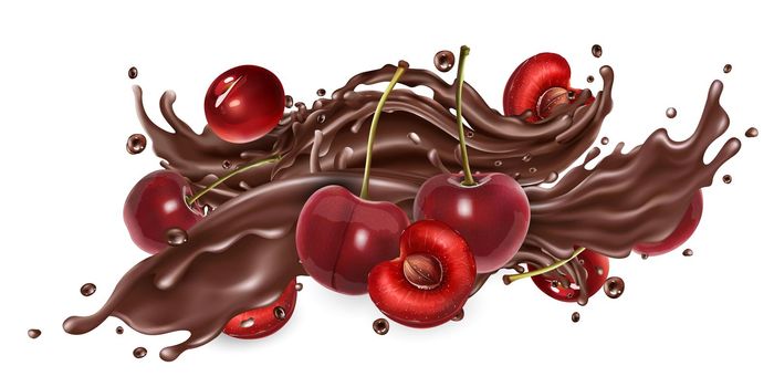 Whole and sliced cherries and a splash of liquid chocolate on a white background. Realistic style illustration.