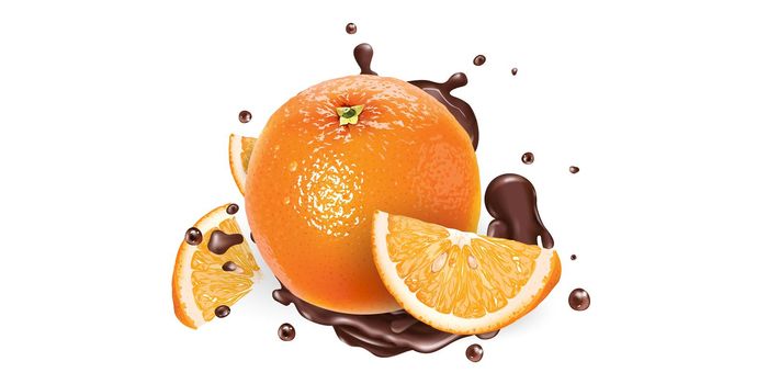Whole and sliced oranges in chocolate splashes on a white background. Realistic style illustration.