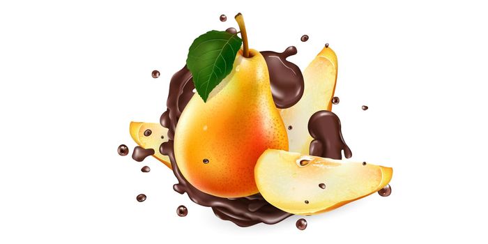 Whole and sliced pears in chocolate splashes on a white background. Realistic style illustration.