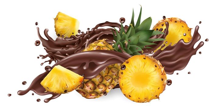 Whole and sliced pineapples and a splash of liquid chocolate on a white background. Realistic style illustration.
