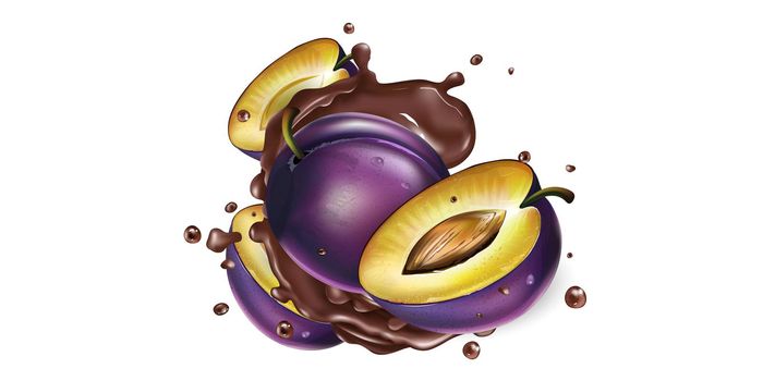 Whole and sliced plums in chocolate splashes on a white background. Realistic style illustration.