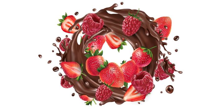 Fresh strawberries and raspberries and a splash of liquid chocolate on a white background. Realistic style illustration.
