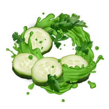 Composition with cucumber, celery and green juice splash on a white background. Realistic style illustration.