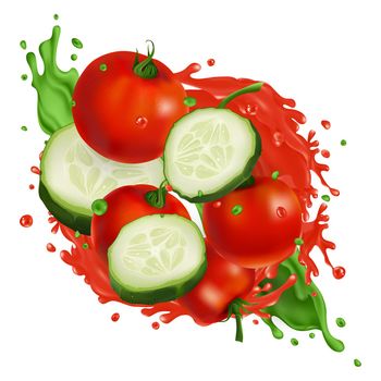 Composition with cucumber and tomatoes in splashes of vegetable juice on a white background. Realistic style illustration.