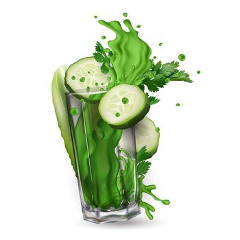 Composition with cucumber slices, celery leaves and a splash of green juice in a transparent glass. Realistic style illustration.