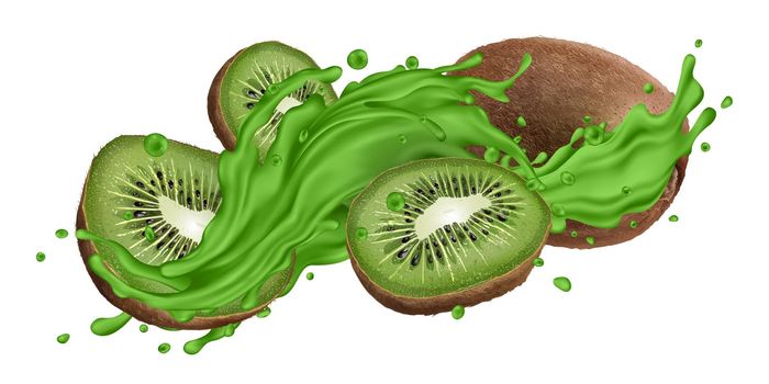 Composition with fresh kiwi and splashes of green juice on a white background. Realistic style illustration.
