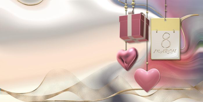 Women's Day 8 March. Calendar with 8 March, hanging 3D gift box, hearts on pastel pink abstract background. Beautiful design for 8th March international Womens day. 3D illustration