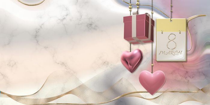 Women's Day 8th March. Calendar 8 March, hanging 3D gift box, golden ribbon, hearts on pastel pink liquid waves background. Elegant beautiful card for 8th March international women's day. 3D render