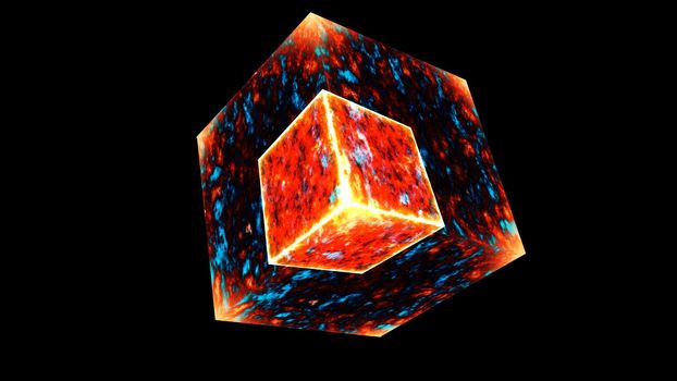 Eternal flame power overwhelming cube mystery energy surface and powerful eternal cube fire core on black background