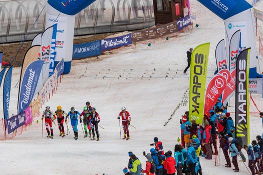 Arinsal, Andorra : 2021 March 2 : Skiers in the ISMF WC Championships Comapedrosa Andorra 2021- RelayRace Men.