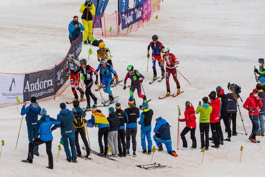 Arinsal, Andorra : 2021 March 2 : Skiers in the ISMF WC Championships Comapedrosa Andorra 2021- RelayRace Men.