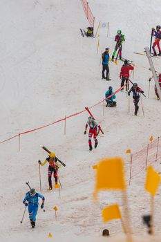 Arinsal, Andorra : 2021 March 2 : Skiers in the ISMF WC Championships Comapedrosa Andorra 2021- RelayRace Men.