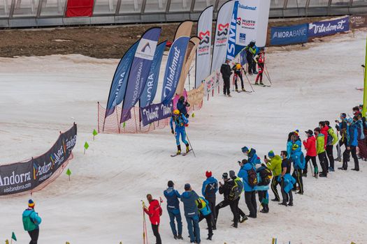 Arinsal, Andorra : 2021 March 2 : Skiers in the ISMF WC Championships Comapedrosa Andorra 2021- RelayRace Men.