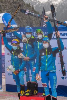 Arinsal, Andorra : 2021 March 2 : Italian TEAM in the ISMF WC Championships Comapedrosa Andorra 2021- RelayRace Men.