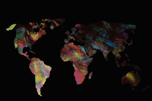 Roughly outlined world map with a colorful background patterns